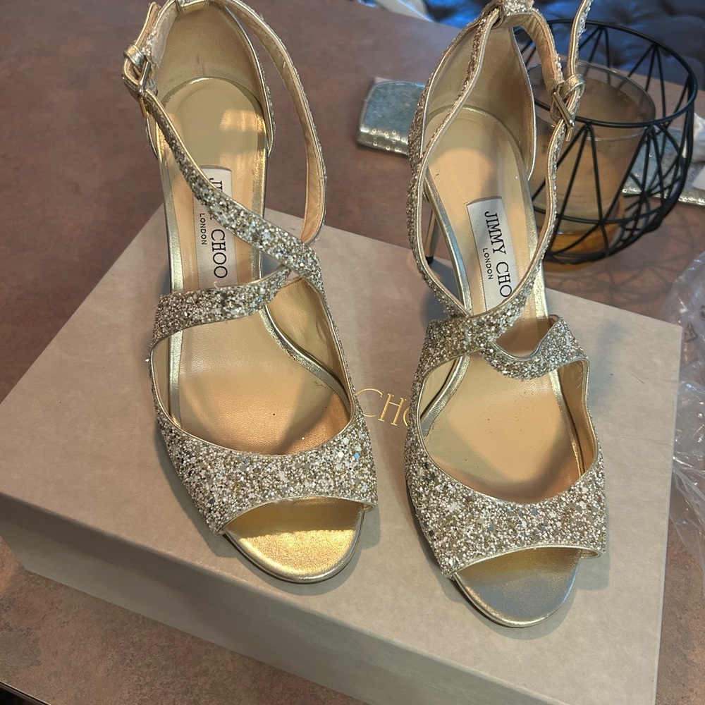 Jimmy Choo 'Nova' Champagne Glitter Slingback Open Toe Pumps 38.5, 8.5